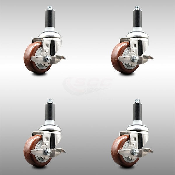 Service Caster 3.5 Inch 316SS Maroon Poly Swivel 1 Inch Expanding Stem Caster Set Brake SCC SCC-SS316EX20S3514-PPUB-MRN-TLB-1-4 - main